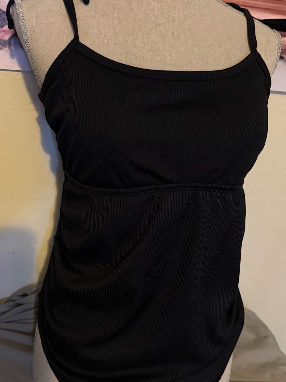 Black Ribbed Maternity Spaghetti Strap Tank Top Bathing Suit